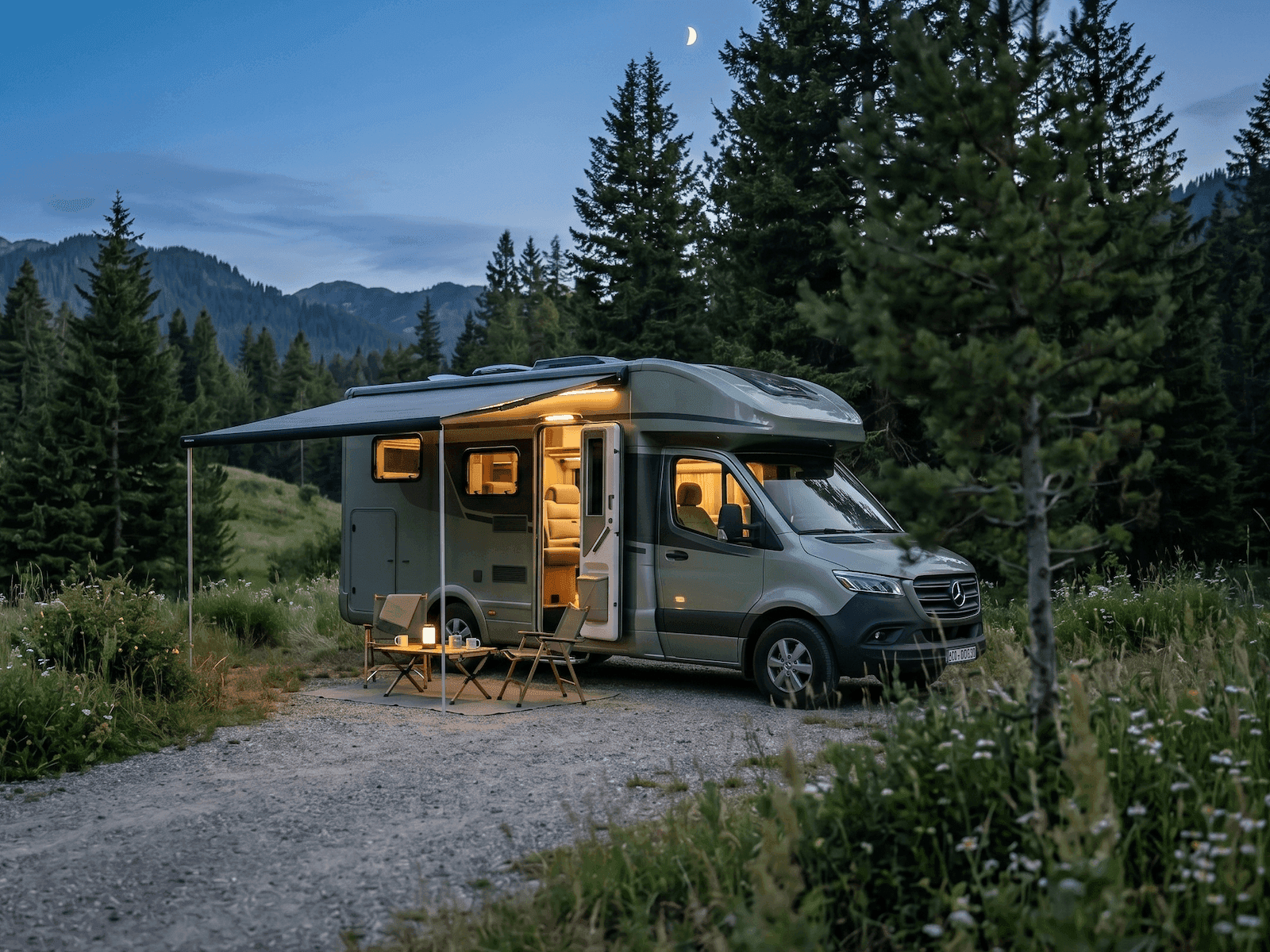 Kamper na campingu o zmierzchu